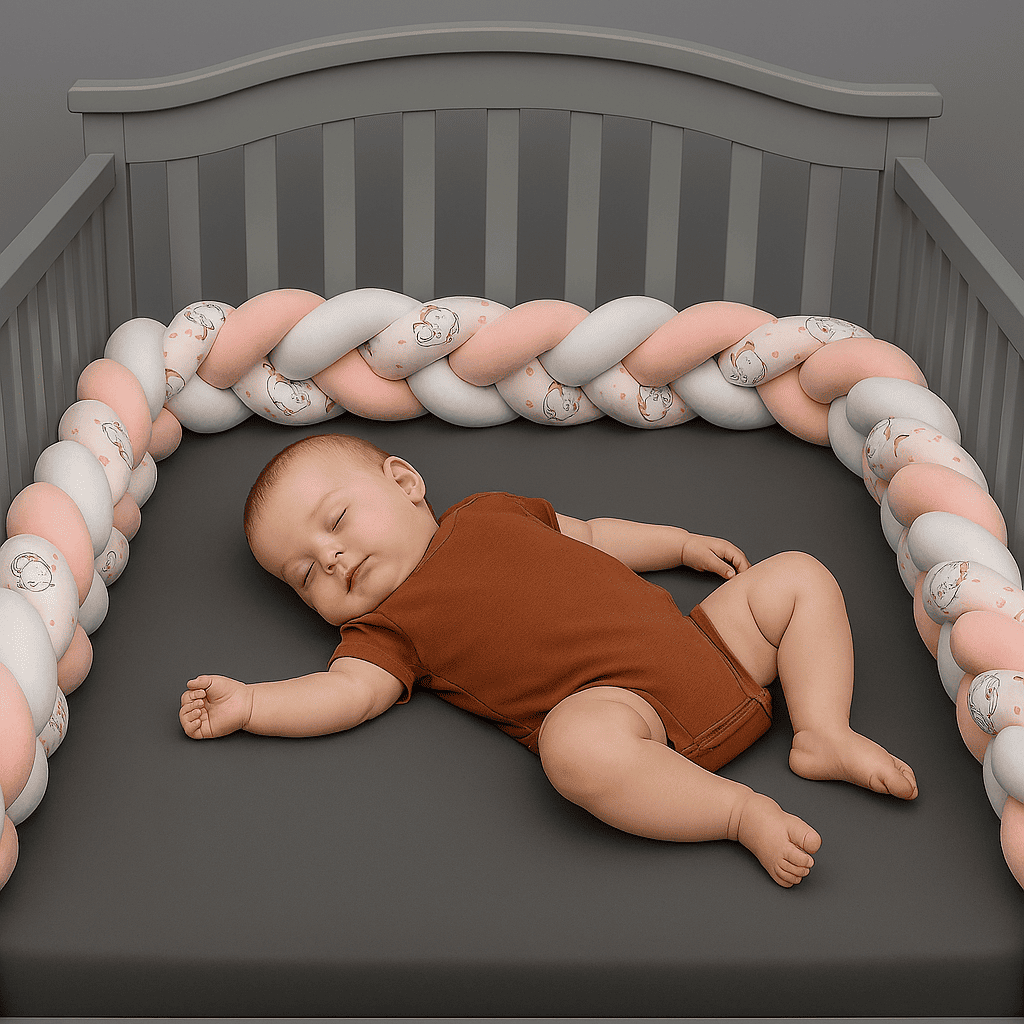 tresse-de-lit-rose-rose-pale-blanc-dans-berceau-gris-avec-bebe-qui-dort-rosemotifs
