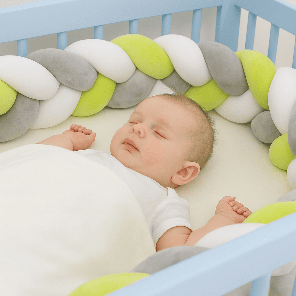 tresse-de-lit-tissee-avec-quatres-brins-de-couleur-blanche-vert-citron-gris-avec-bebe-serein-dans-un-berceau-bleu-douceur