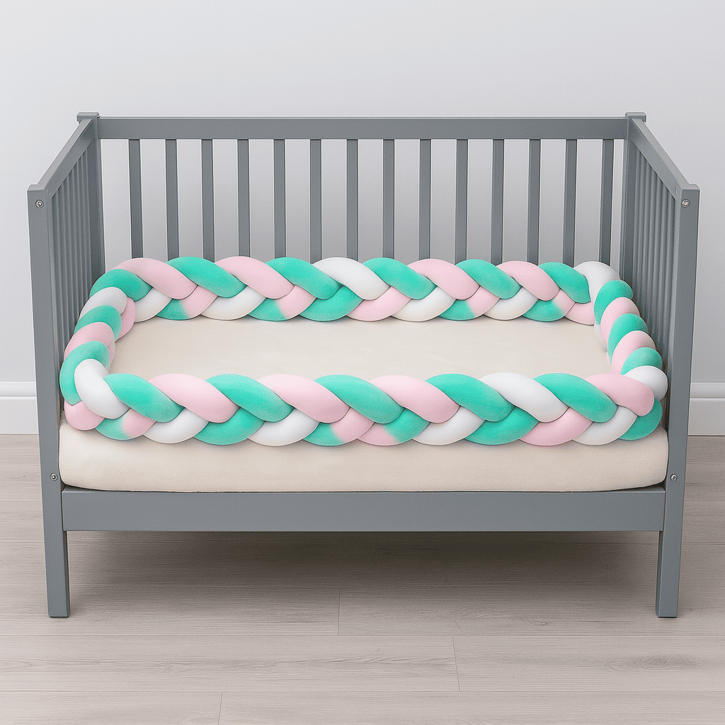 tresse-de-lit-trois-metres-de-couleur-rose-blanc-vert-place-dans-berceau-gris-coconou