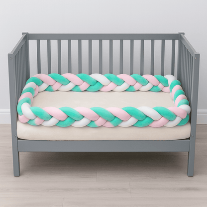tresse-de-lit-trois-metres-de-couleur-rose-blanc-vert-place-dans-berceau-gris-coconou