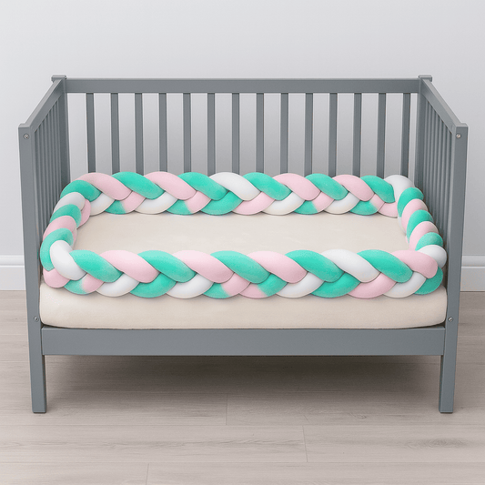 tresse-de-lit-trois-metres-de-couleur-rose-blanc-vert-place-dans-berceau-gris-coconou