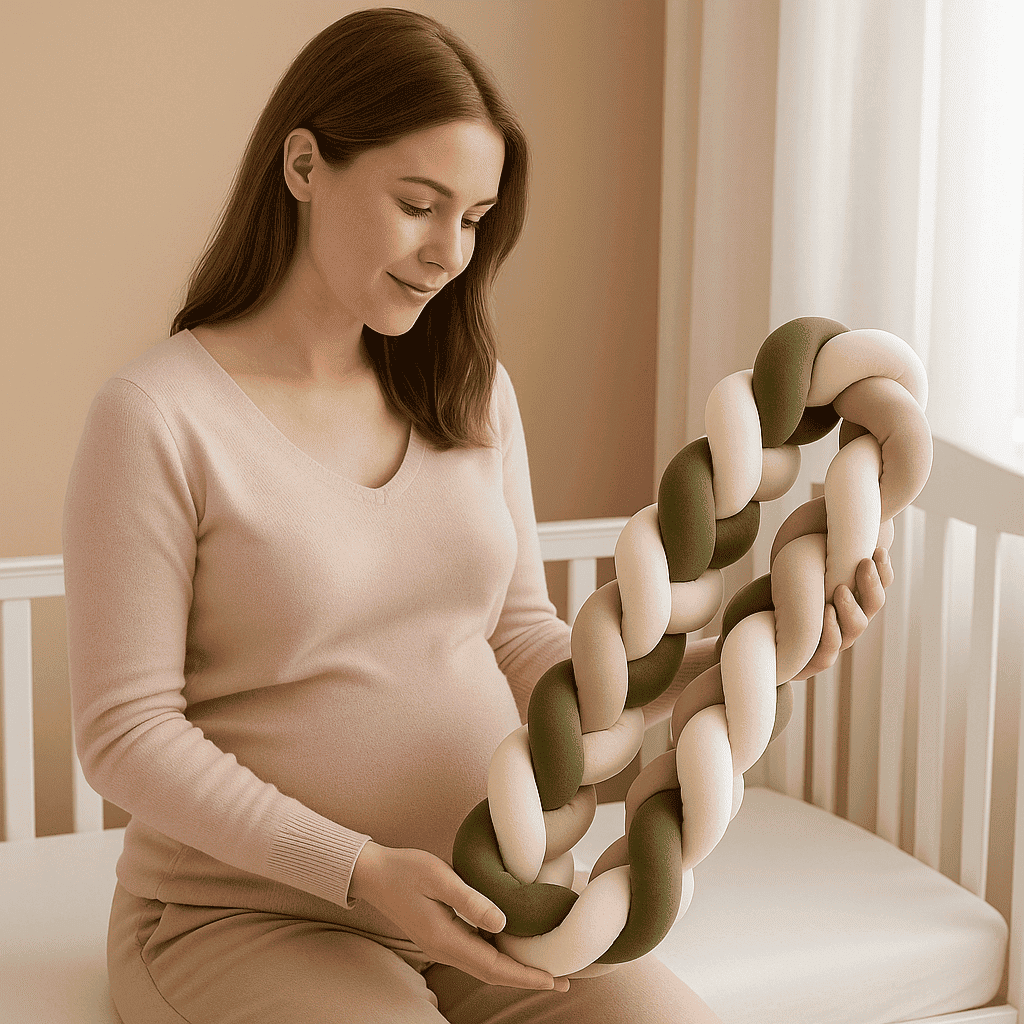 tresse-de-lit-vert-beige-et-creme-tenue-par-parent-dans-nurserie-matin-doux