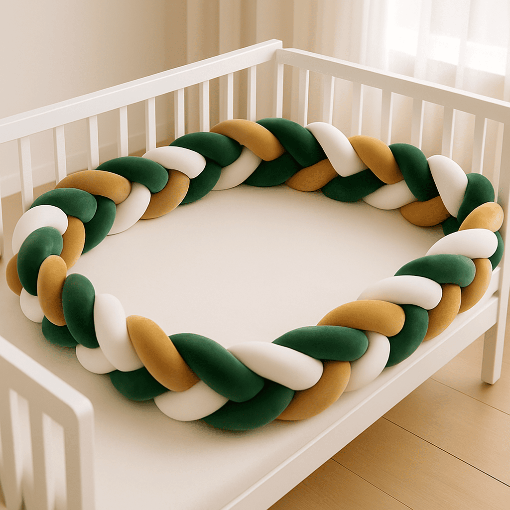 tresse-de-lit-vert-blanc-jaune-moutarde-dans-berceau-blanc-nuance