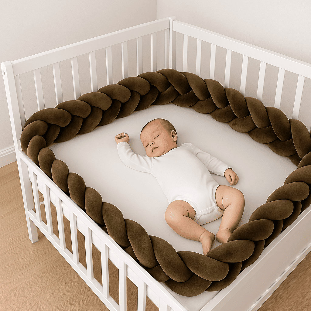 tresse-de-lit-vert-olive-dans-lit-blanc-avec-bebe-qui-dort-olivebeige