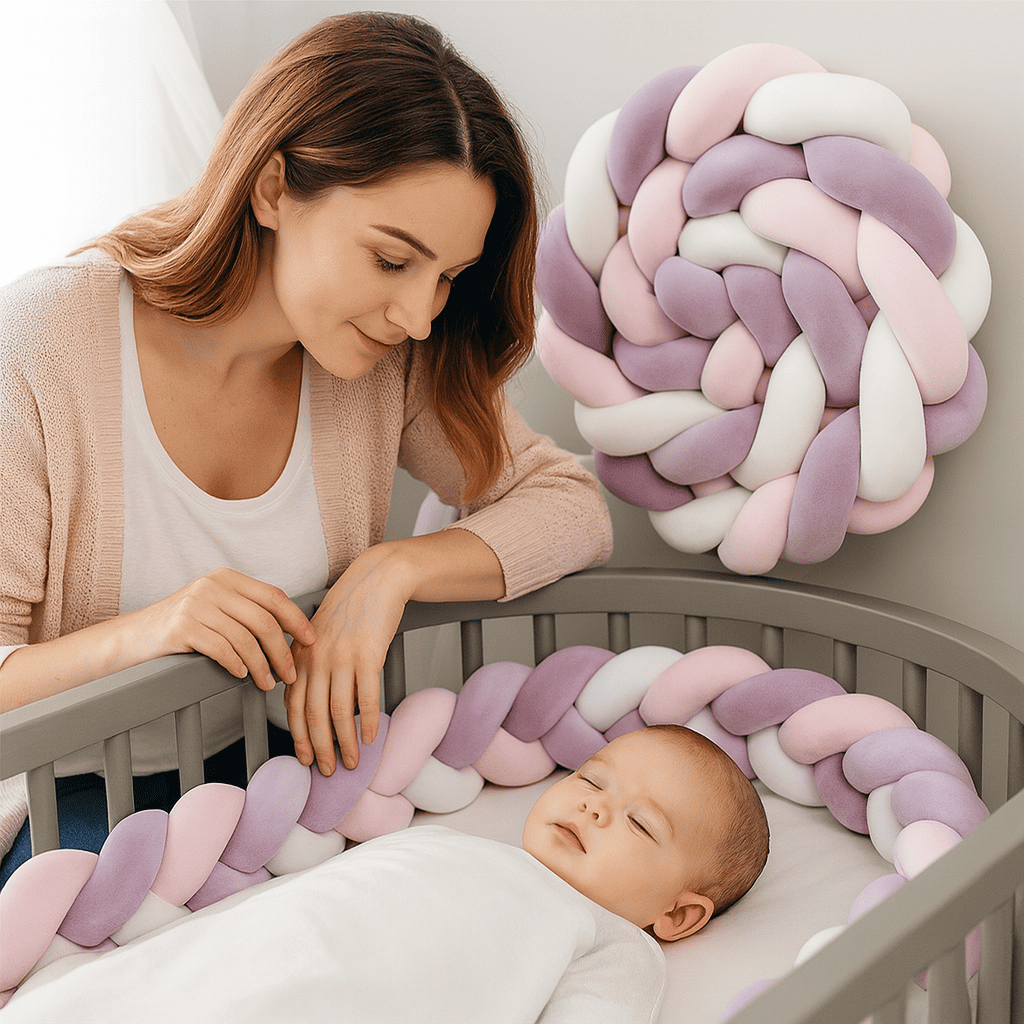 tresse-de-lit-violet-rose-blanc-placee-dans-un-berceau-gris-avec-bebe-qui-dort-et-maman-qui-observe-en-souriant-lenidbebe