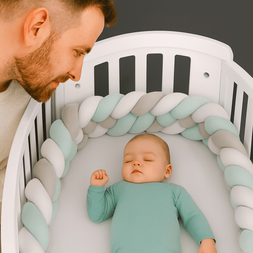 tresse-tour-de-lit-3m-gris-vert-blanc-quatre-brins-douce-papa-observe-bebe-qui-dort-securite-maximale