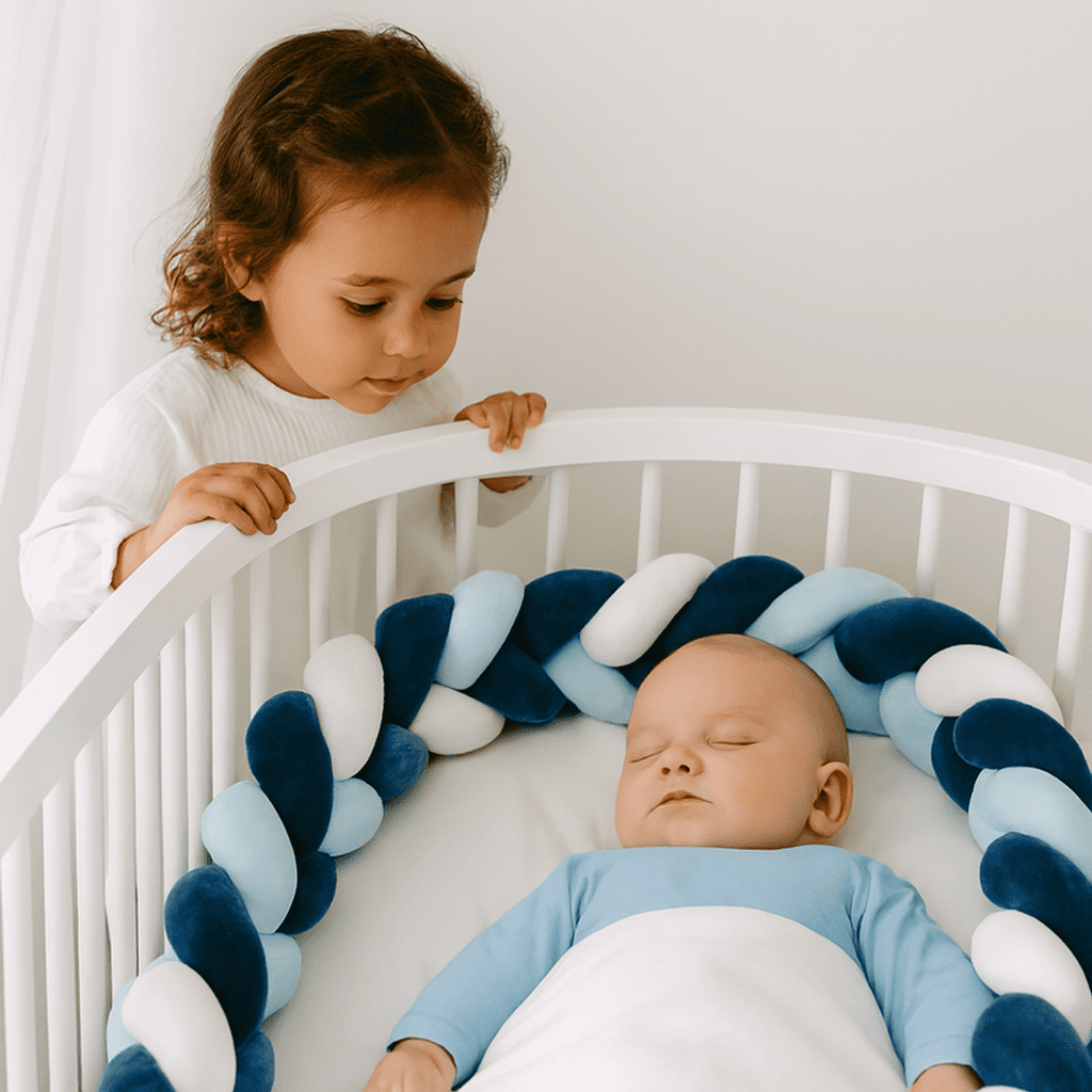 tuto tresse de lit 3m enfant observant un bebe endormi dans un berceau blanc avec tresse bleue scene douce et securisante Nidoux