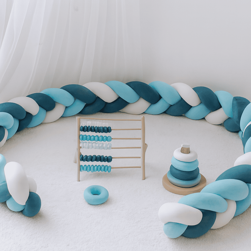 tuto tresse de lit 3m espace de jeu bebe avec tresse bleue et jouets en bois decoration securisee et douce pour developpement enfant nidoux