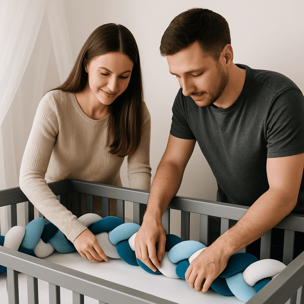 tuto tresse de lit 3m installation tresse dans berceau gris par parents attentionnes couleurs bleu blanc securite bebe nidoux