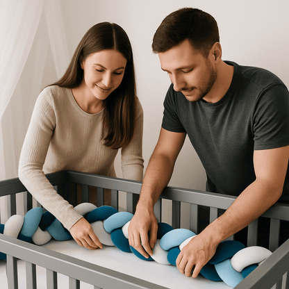 tuto tresse de lit 3m installation tresse dans berceau gris par parents attentionnes couleurs bleu blanc securite bebe nidoux
