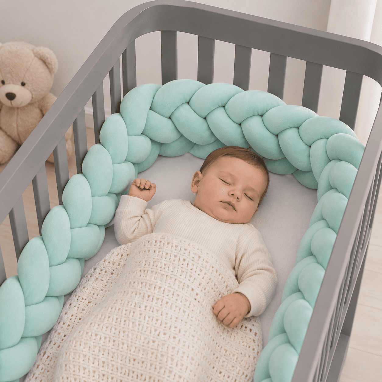 tuto-tresse-de-lit-bebe-endormi-berceau-gris-tresse-turquoise-confort-chambre-douce-refuge-de-douceur